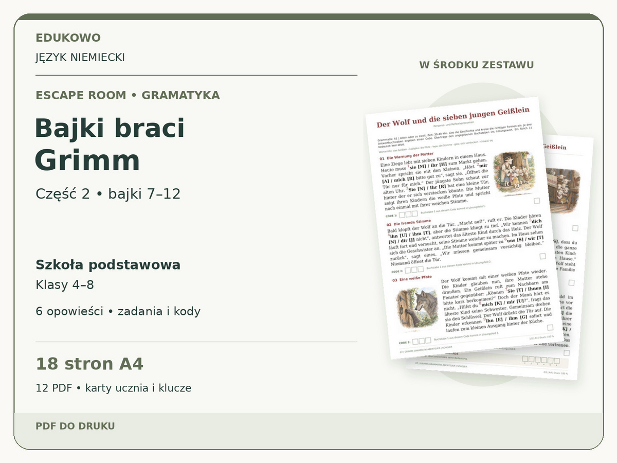 Bajki braci Grimm – część 2: bajki 7–12 | niemiecki, klasy 4–8 (PDF) — powiększony podgląd rzeczywistych kart PDF.