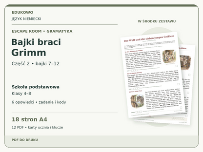 Bajki braci Grimm – część 2: bajki 7–12 | niemiecki, klasy 4–8 (PDF) — powiększony podgląd rzeczywistych kart PDF.