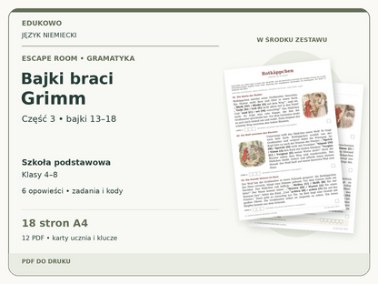 Bajki braci Grimm – część 3: bajki 13–18 | niemiecki, klasy 4–8 (PDF) — powiększony podgląd rzeczywistych kart PDF.