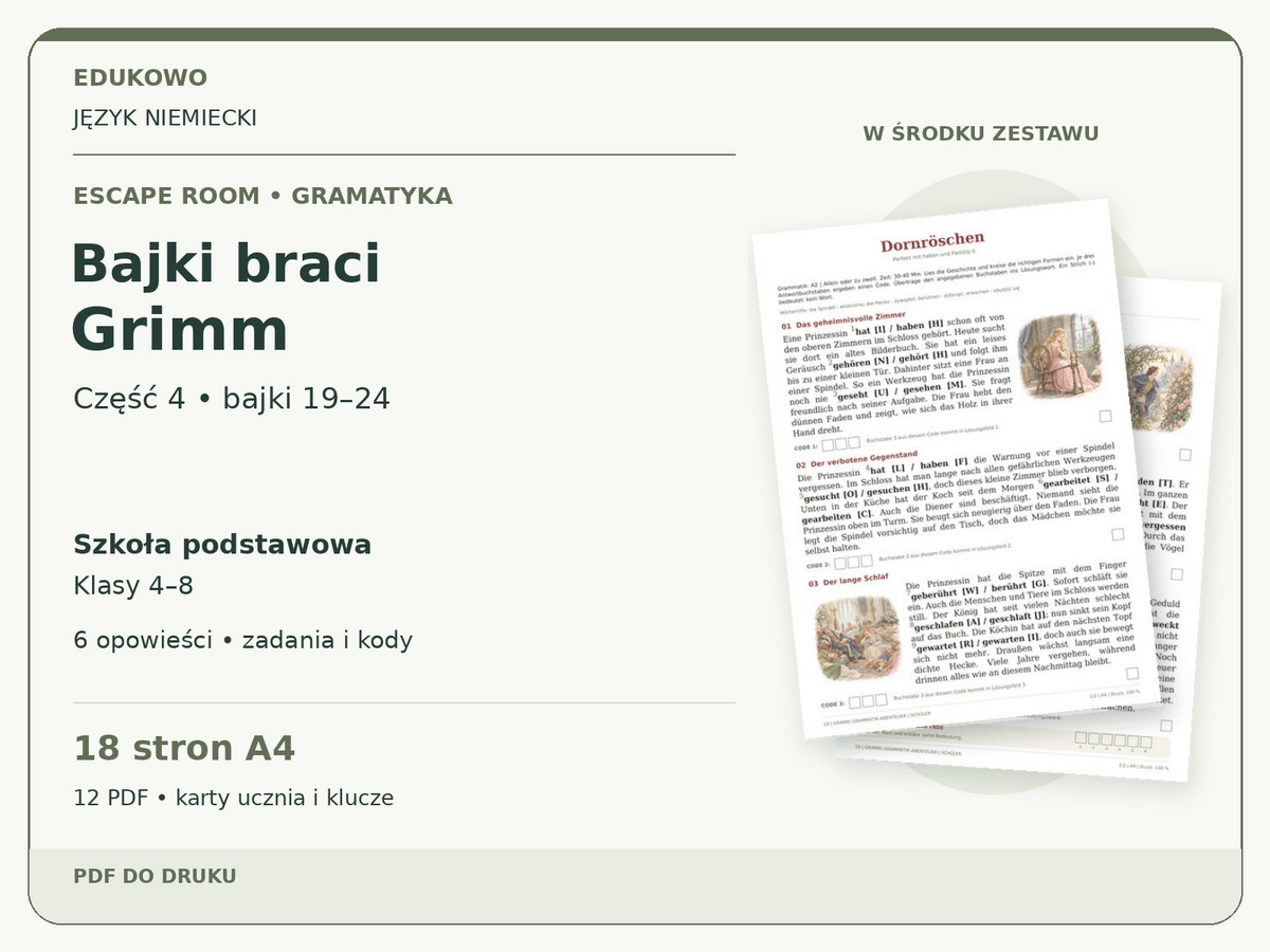 Bajki braci Grimm – część 4: bajki 19–24 | niemiecki, klasy 4–8 (PDF) — powiększony podgląd rzeczywistych kart PDF.