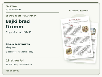 Bajki braci Grimm – część 6: bajki 31–36 | niemiecki, klasy 4–8 (PDF) — powiększony podgląd rzeczywistych kart PDF.