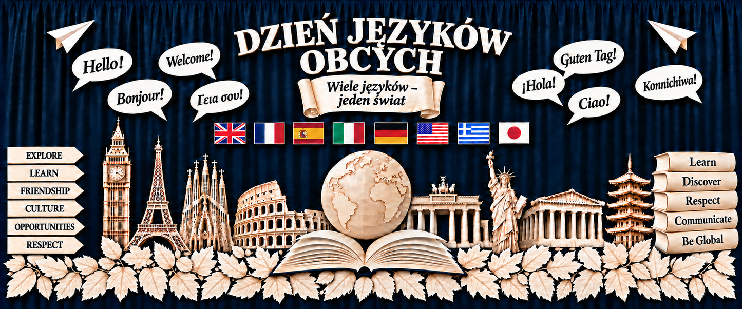 Dzień Języków Obcych – aranżacja gazetki z drogowskazami po lewej i książkami po prawej
