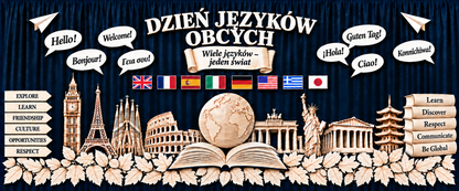 Dzień Języków Obcych – aranżacja gazetki z drogowskazami po lewej i książkami po prawej