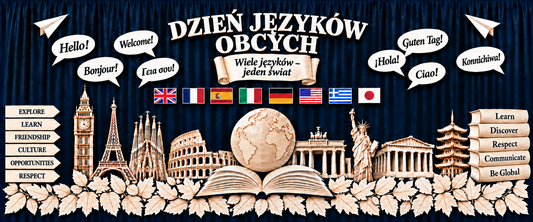 Dzień Języków Obcych – aranżacja gazetki z drogowskazami po lewej i książkami po prawej