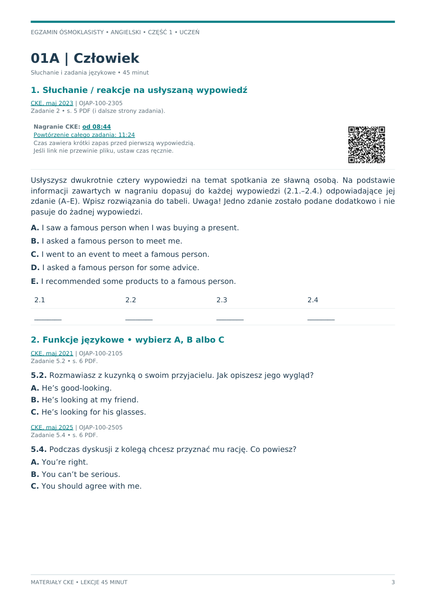 E8 – zadania CKE, część 1. Przykładowa karta ucznia z nagraniem i kodem QR