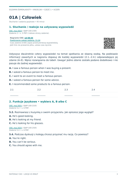E8 – zadania CKE, część 1. Przykładowa karta ucznia z nagraniem i kodem QR