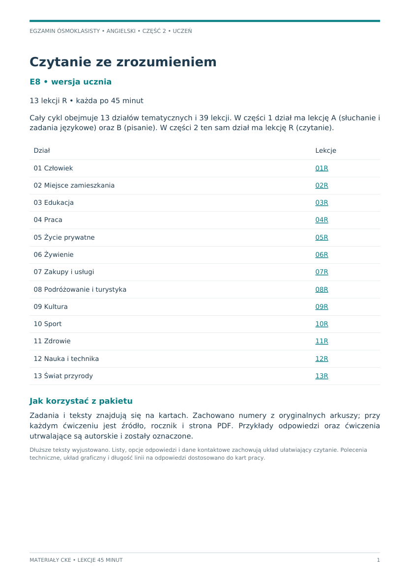 E8 – czytanie ze zrozumieniem CKE, część 2. Okładka i spis 13 lekcji