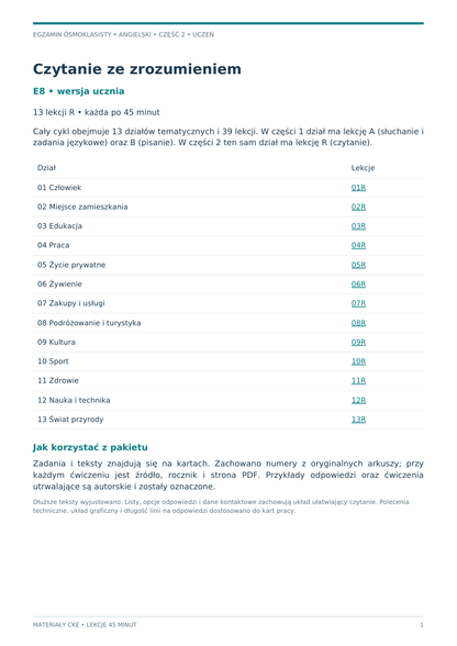 E8 – czytanie ze zrozumieniem CKE, część 2. Okładka i spis 13 lekcji