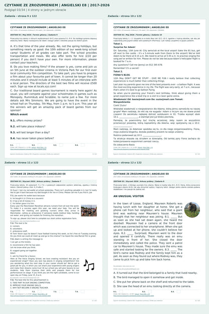 E8 angielski – czytanie ze zrozumieniem 2017–2026. Podgląd 3 z 34: Zadania 9/122, Zadania 10/122, Zadania 11/122, Zadania 12/122. Cztery strony w jednym obrazie.