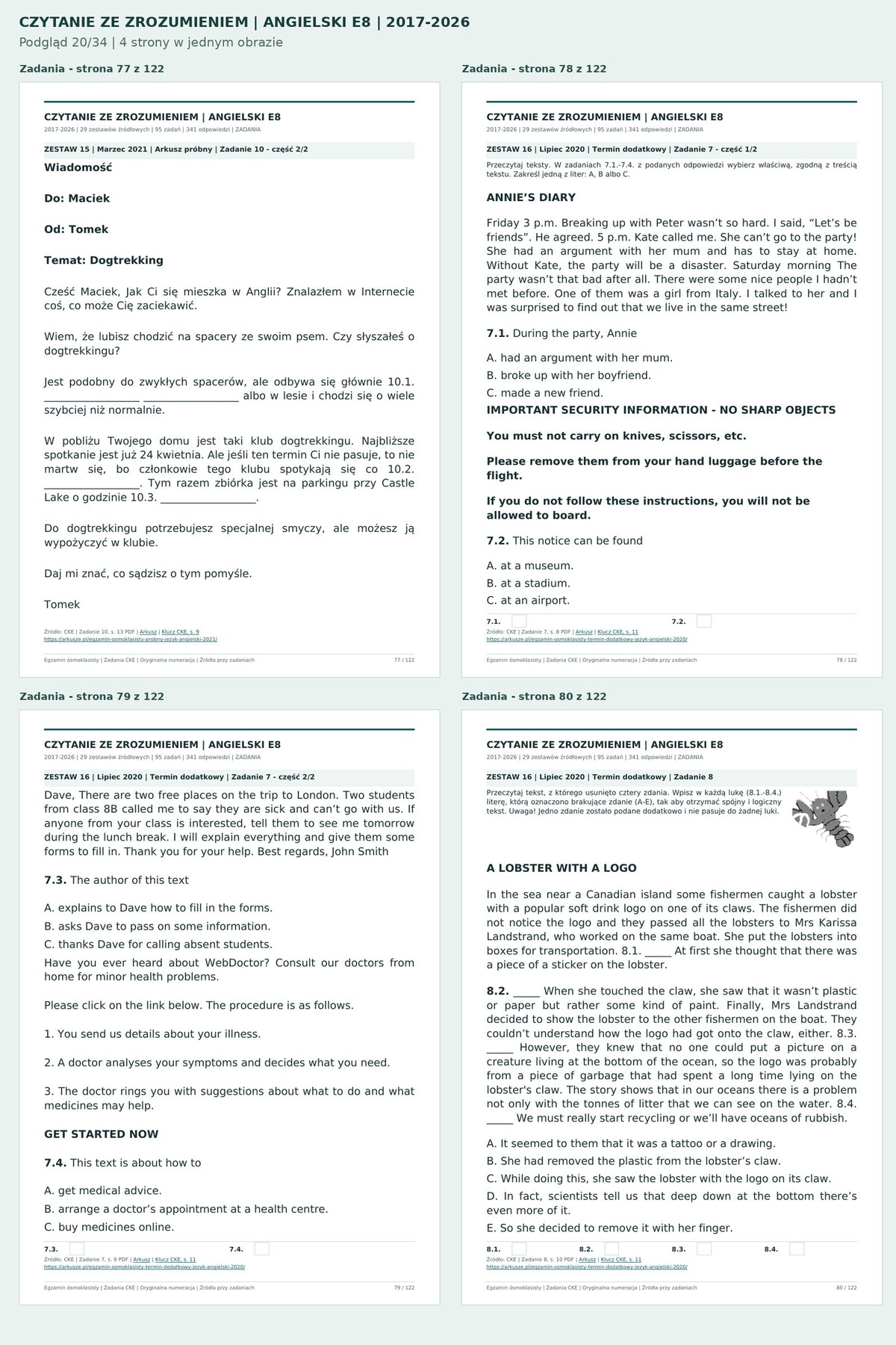 E8 angielski – czytanie ze zrozumieniem 2017–2026. Podgląd 20 z 34: Zadania 77/122, Zadania 78/122, Zadania 79/122, Zadania 80/122. Cztery strony w jednym obrazie.