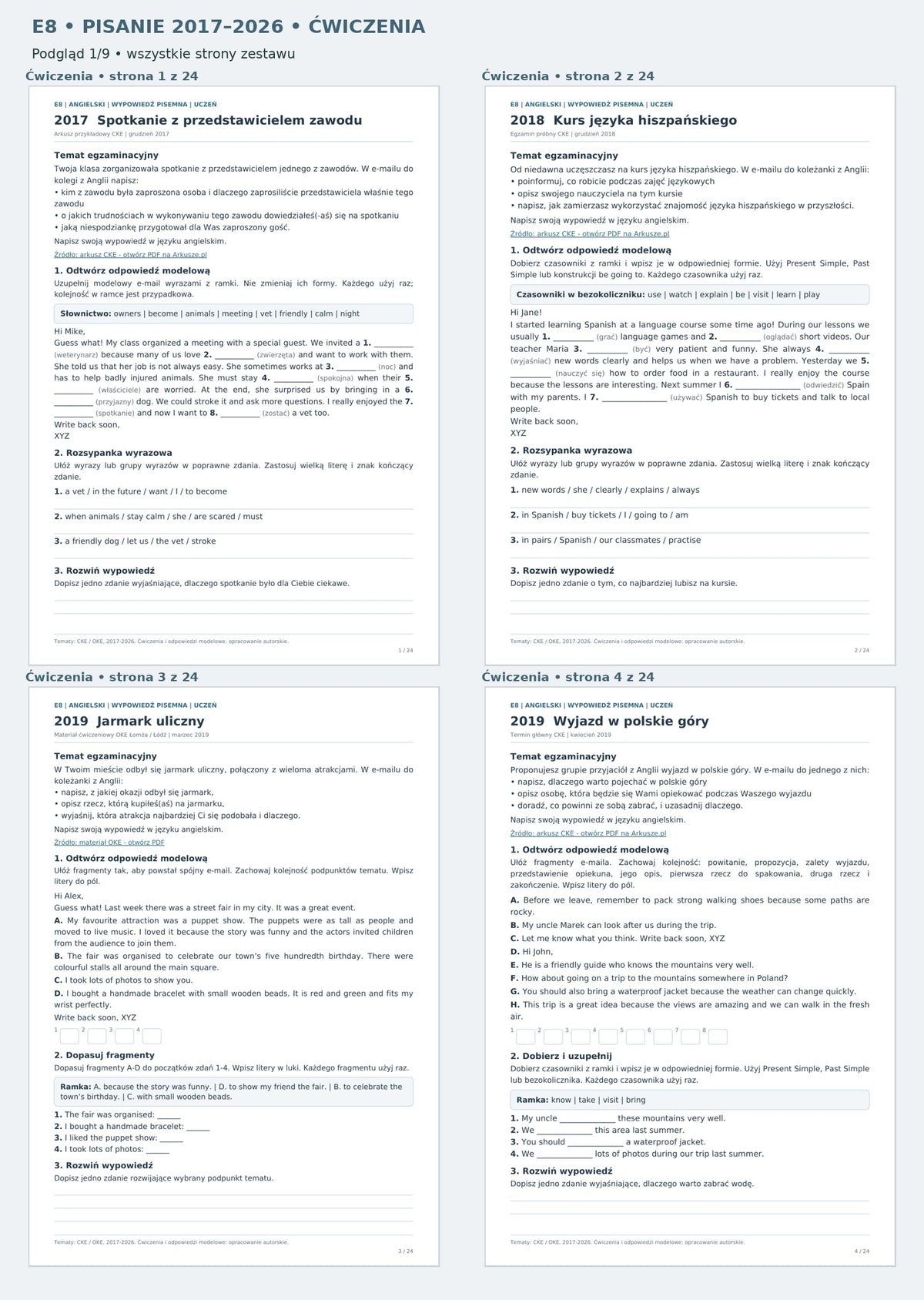 E8 - ćwiczenia z pisania 2017-2026. Podgląd 1 z 9, wszystkie strony materiału i klucza po cztery na miniaturze.