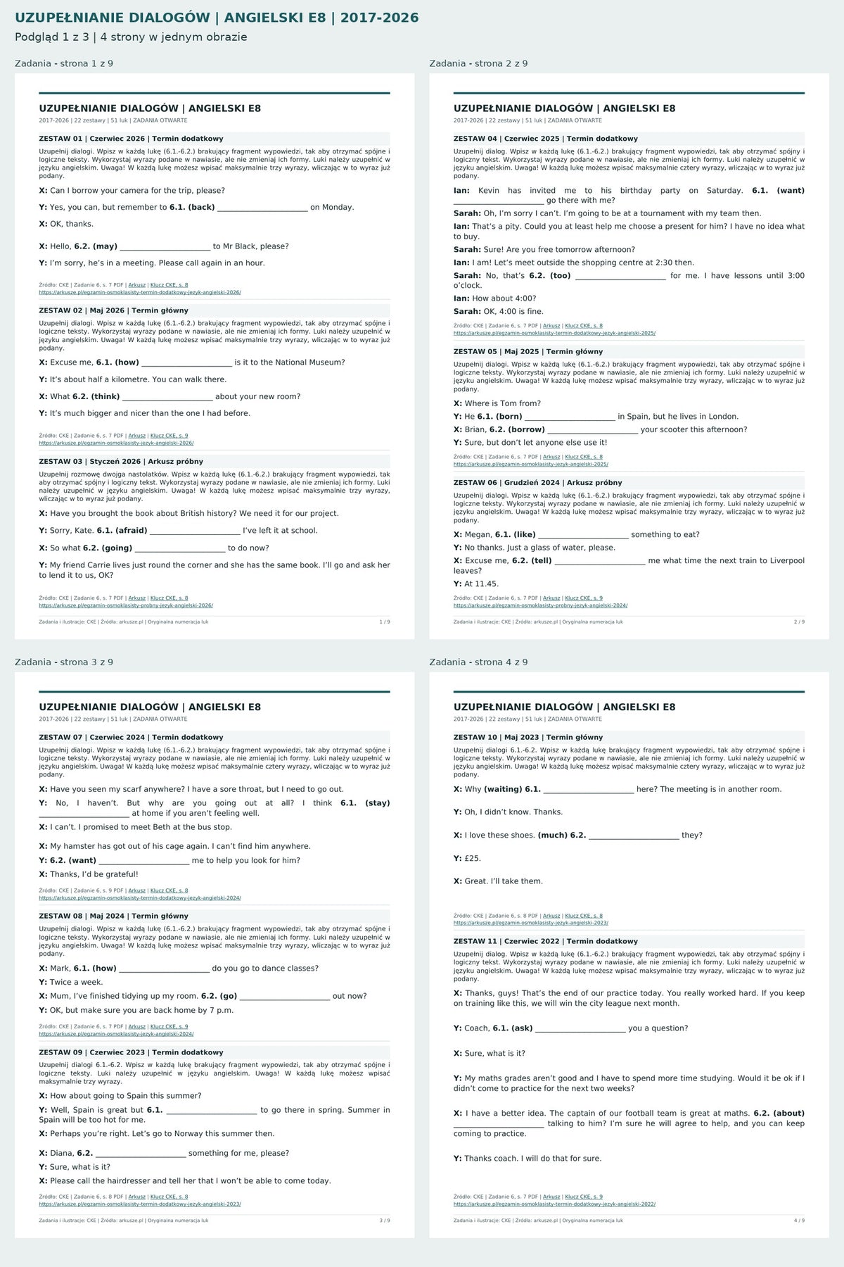 Uzupełnianie dialogów - angielski E8. Podgląd 1 z 3: Zadania - strona 1 z 9, Zadania - strona 2 z 9, Zadania - strona 3 z 9, Zadania - strona 4 z 9.