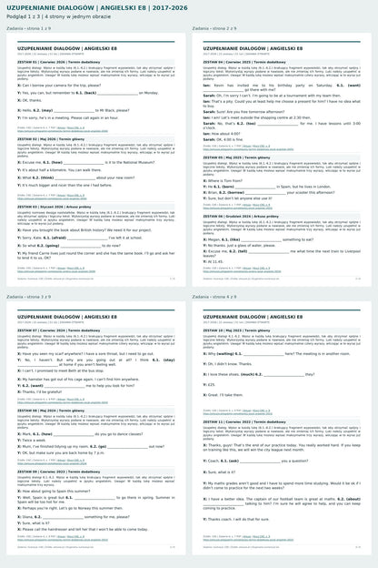 Uzupełnianie dialogów - angielski E8. Podgląd 1 z 3: Zadania - strona 1 z 9, Zadania - strona 2 z 9, Zadania - strona 3 z 9, Zadania - strona 4 z 9.