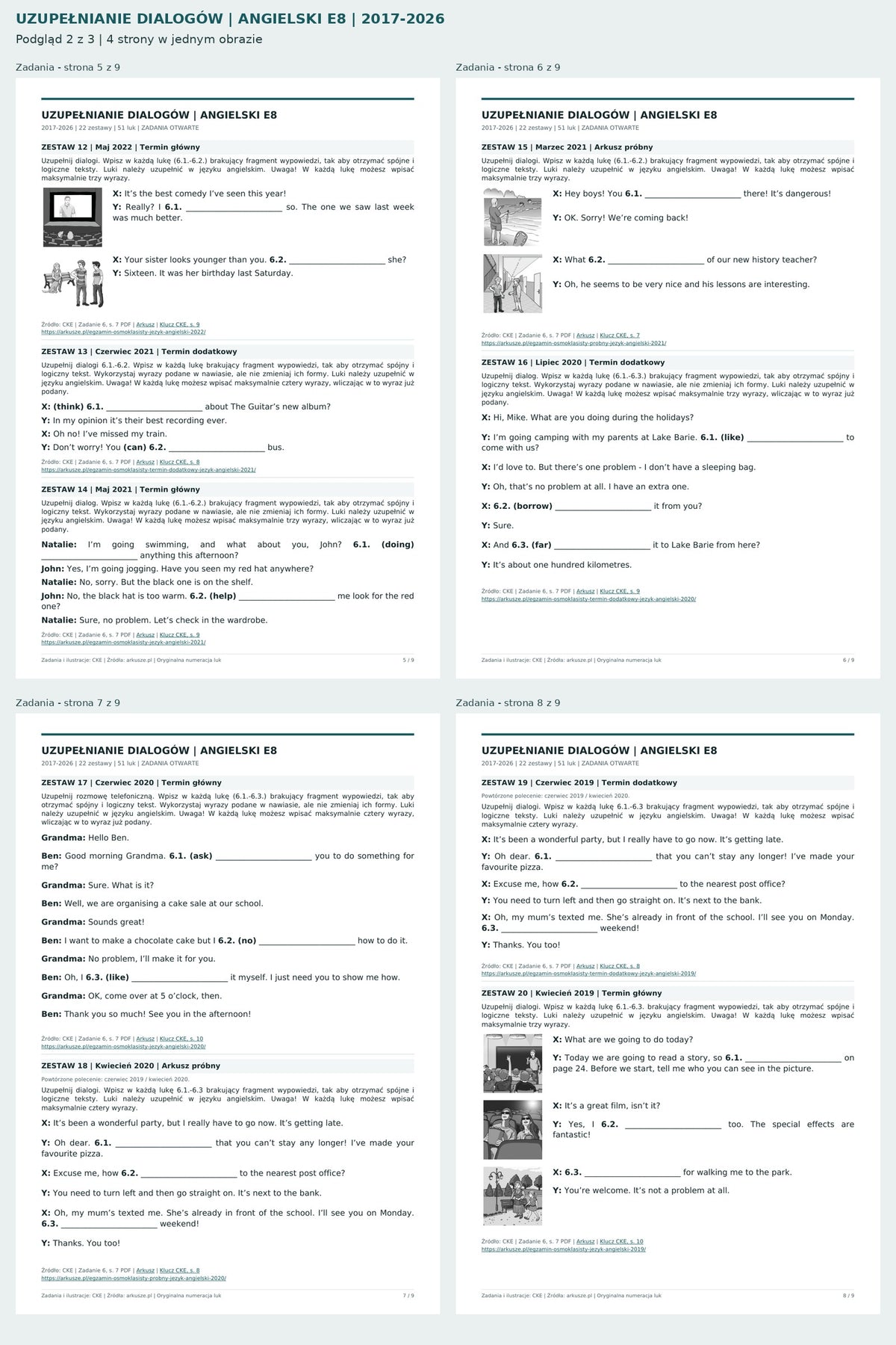 Uzupełnianie dialogów - angielski E8. Podgląd 2 z 3: Zadania - strona 5 z 9, Zadania - strona 6 z 9, Zadania - strona 7 z 9, Zadania - strona 8 z 9.