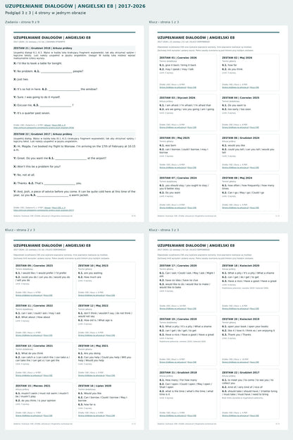Uzupełnianie dialogów - angielski E8. Podgląd 3 z 3: Zadania - strona 9 z 9, Klucz - strona 1 z 3, Klucz - strona 2 z 3, Klucz - strona 3 z 3.