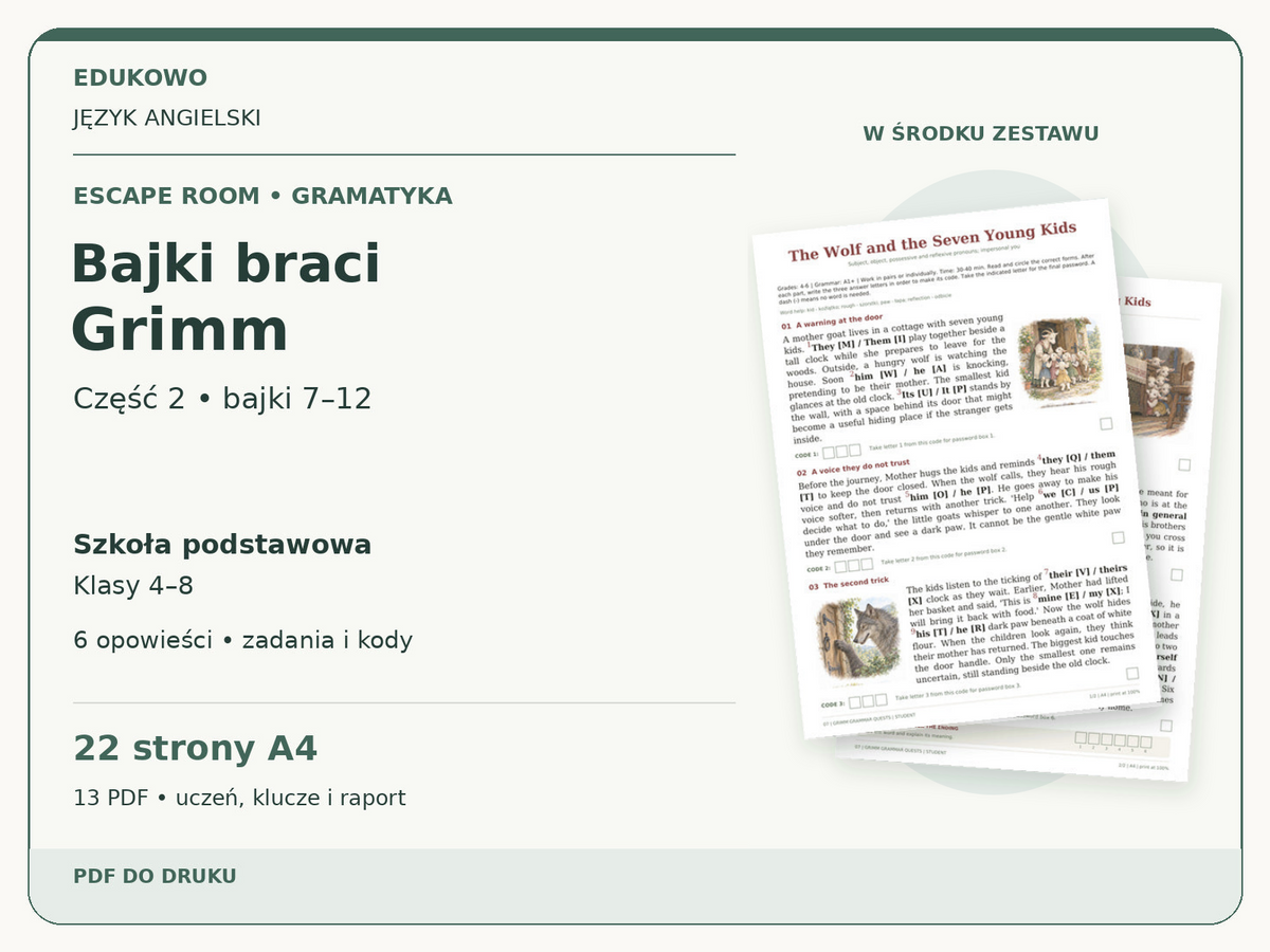 Bajki braci Grimm – część 2: bajki 7–12 | angielski, klasy 4–8 (PDF) — powiększony podgląd rzeczywistych kart PDF.