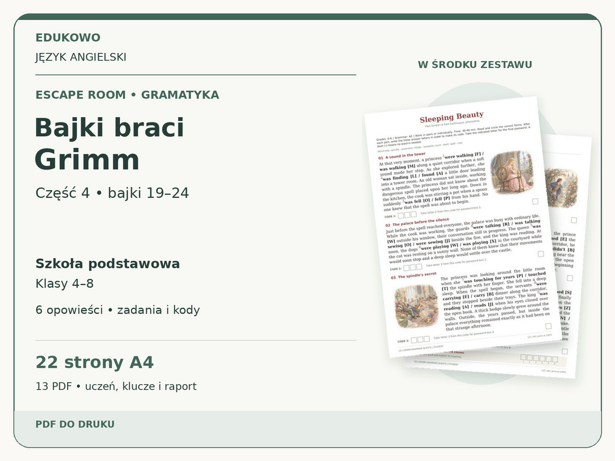 Bajki braci Grimm – część 4: bajki 19–24 | angielski, klasy 4–8 (PDF) — powiększony podgląd rzeczywistych kart PDF.
