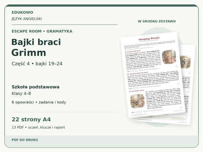 Bajki braci Grimm – część 4: bajki 19–24 | angielski, klasy 4–8 (PDF) — powiększony podgląd rzeczywistych kart PDF.