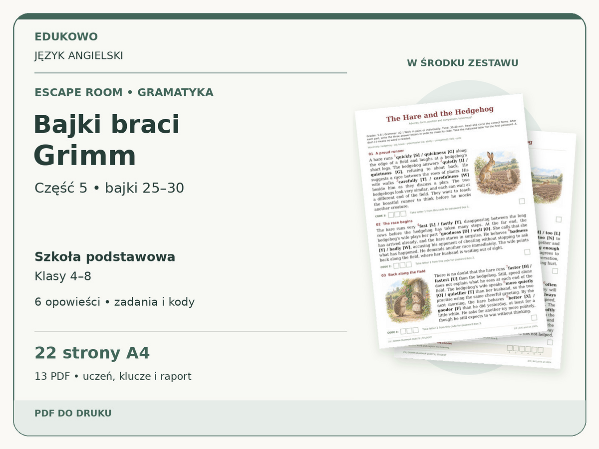 Bajki braci Grimm – część 5: bajki 25–30 | angielski, klasy 4–8 (PDF) — powiększony podgląd rzeczywistych kart PDF.