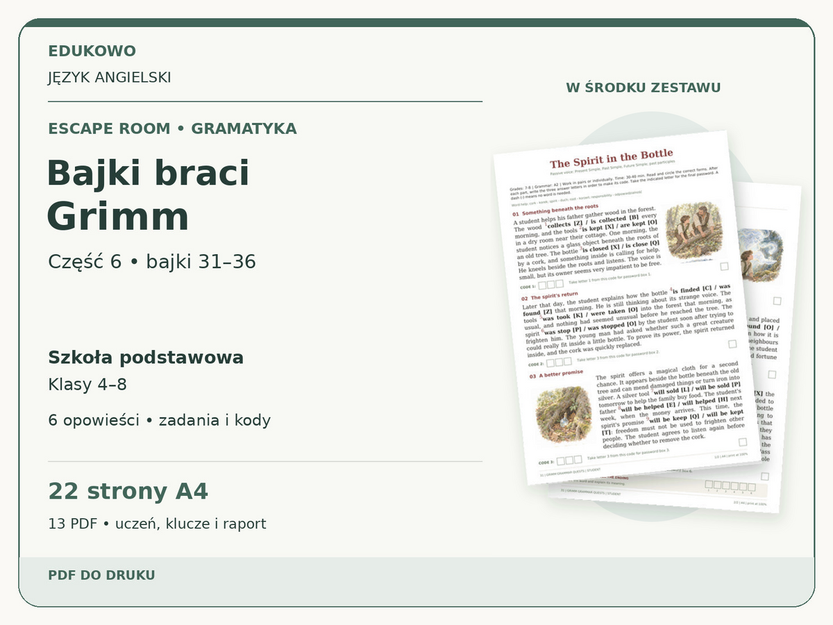 Bajki braci Grimm – część 6: bajki 31–36 | angielski, klasy 4–8 (PDF) — powiększony podgląd rzeczywistych kart PDF.