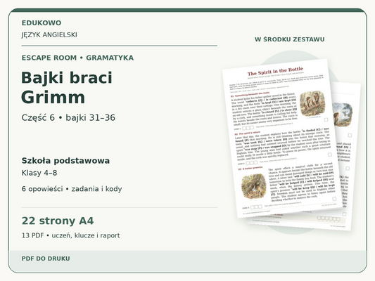 Bajki braci Grimm – część 6: bajki 31–36 | angielski, klasy 4–8 (PDF) — powiększony podgląd rzeczywistych kart PDF.