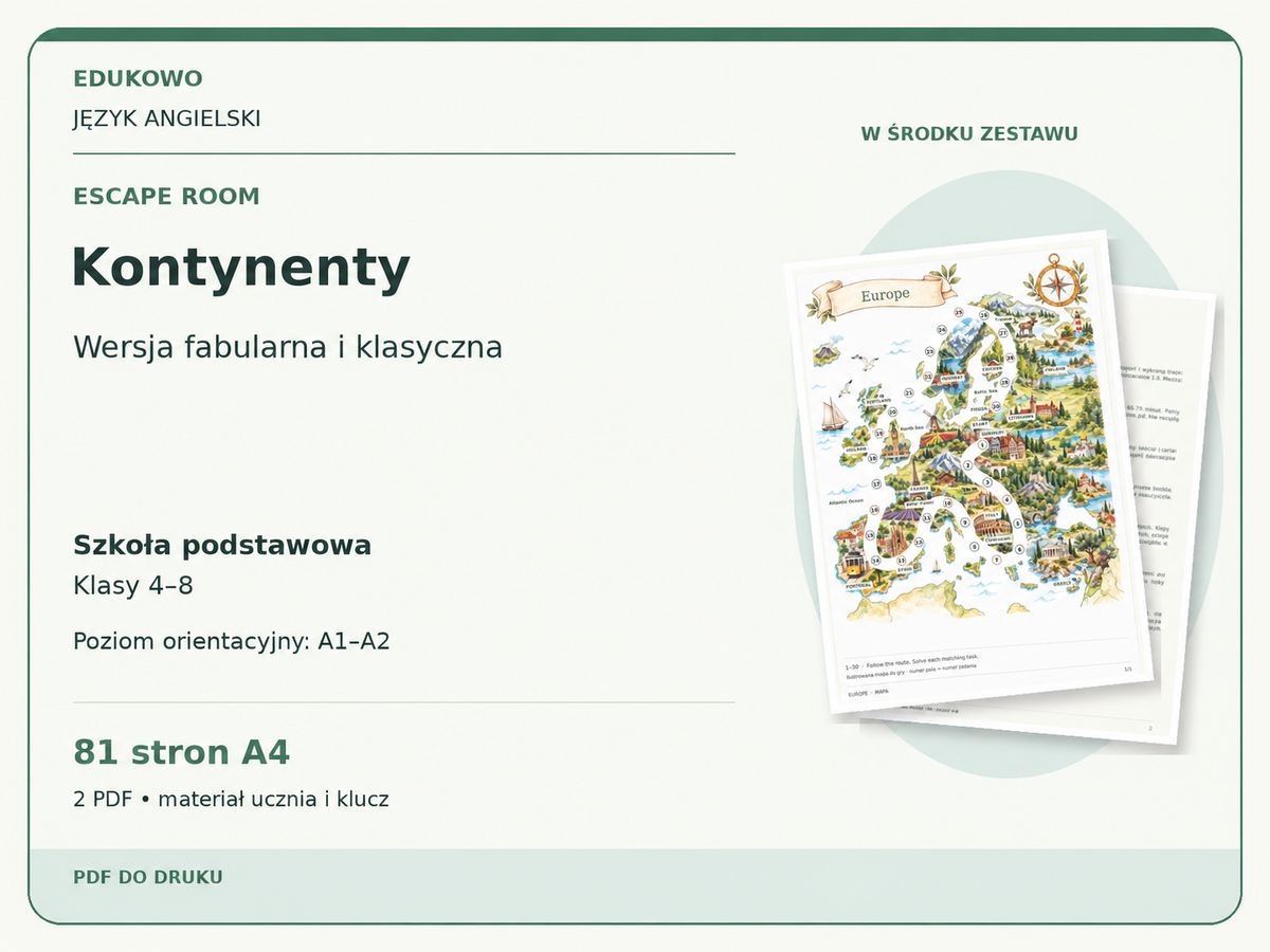 Kontynenty – Escape room. Język angielski. Szkoła podstawowa, klasy 4–8. Poziom orientacyjny A1–A2. 81 stron A4. 2 PDF • materiał ucznia i klucz.