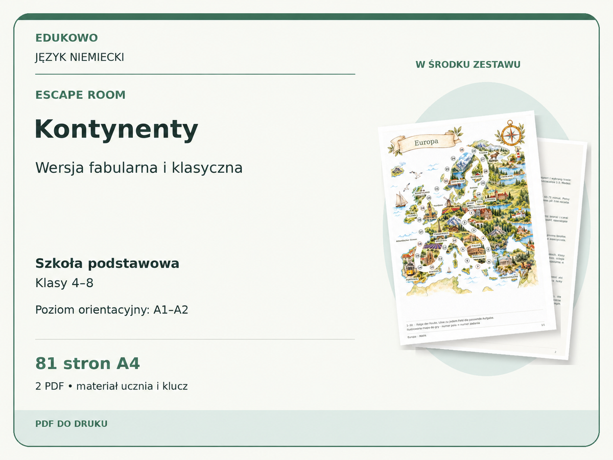 Kontynenty – Escape room. Język niemiecki. Szkoła podstawowa, klasy 4–8. Poziom orientacyjny A1–A2. 81 stron A4. 2 PDF • materiał ucznia i klucz.
