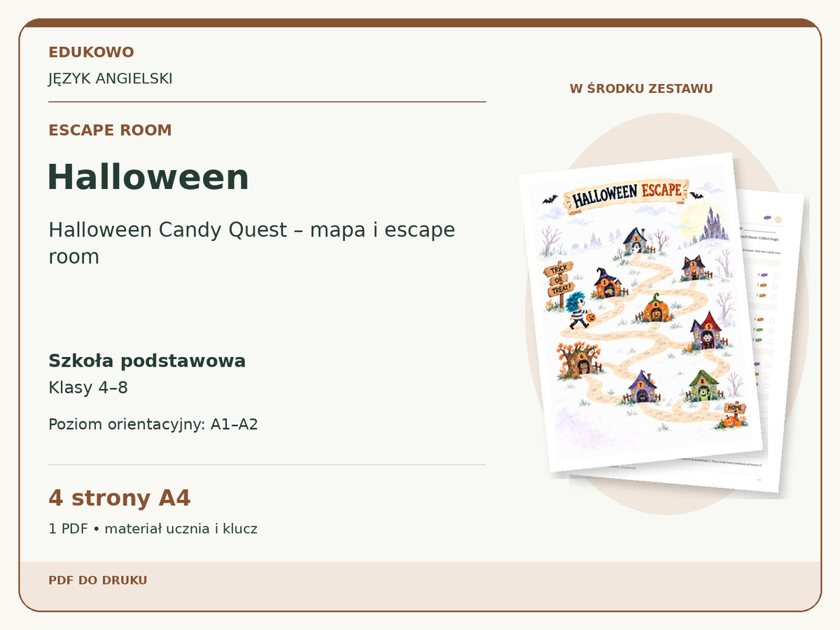 Halloween – Escape room. Język angielski. Szkoła podstawowa, klasy 4–8. Poziom orientacyjny A1–A2. 4 strony A4. 1 PDF • materiał ucznia i klucz.