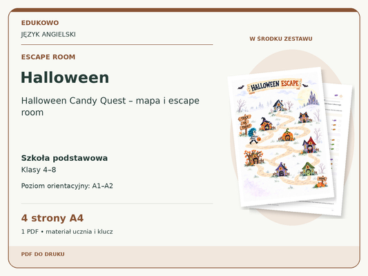 Halloween – Escape room. Język angielski. Szkoła podstawowa, klasy 4–8. Poziom orientacyjny A1–A2. 4 strony A4. 1 PDF • materiał ucznia i klucz.