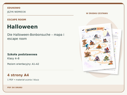 Halloween – Escape room. Język niemiecki. Szkoła podstawowa, klasy 4–8. Poziom orientacyjny A1–A2. 4 strony A4. 1 PDF • materiał ucznia i klucz.