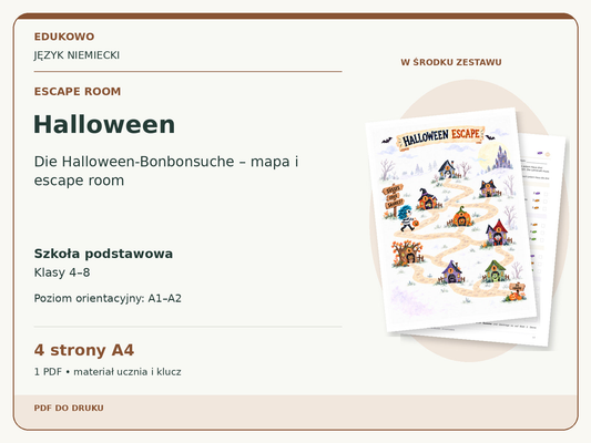 Halloween – Escape room. Język niemiecki. Szkoła podstawowa, klasy 4–8. Poziom orientacyjny A1–A2. 4 strony A4. 1 PDF • materiał ucznia i klucz.