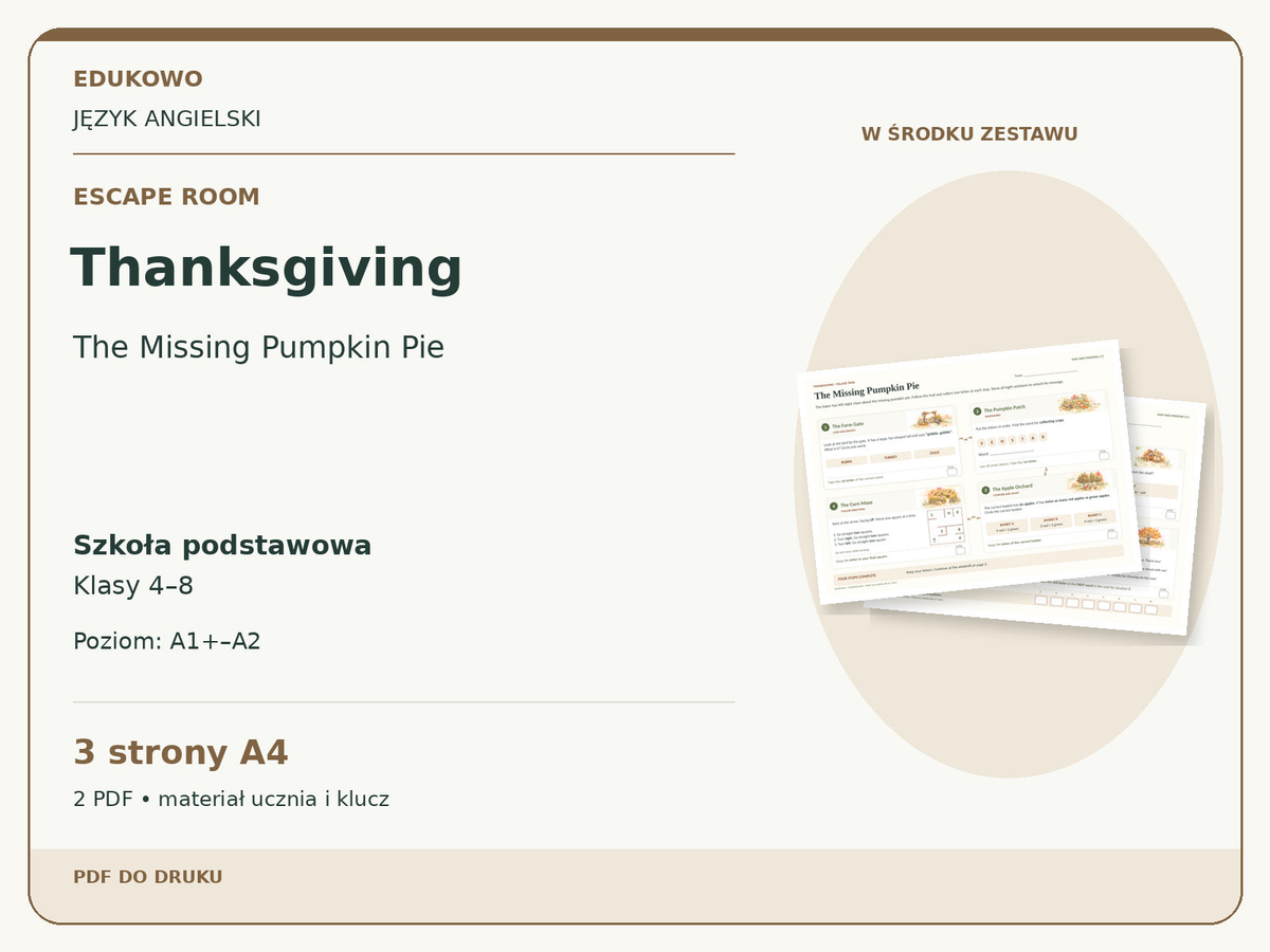 Thanksgiving – Escape room. Język angielski. Szkoła podstawowa, klasy 4–8. Poziom A1+–A2. 3 strony A4. 2 PDF • materiał ucznia i klucz.