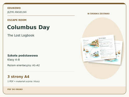 Columbus Day – Escape room. Język angielski. Szkoła podstawowa, klasy 4–8. Poziom orientacyjny A1–A2. 3 strony A4. 1 PDF • materiał ucznia i klucz.