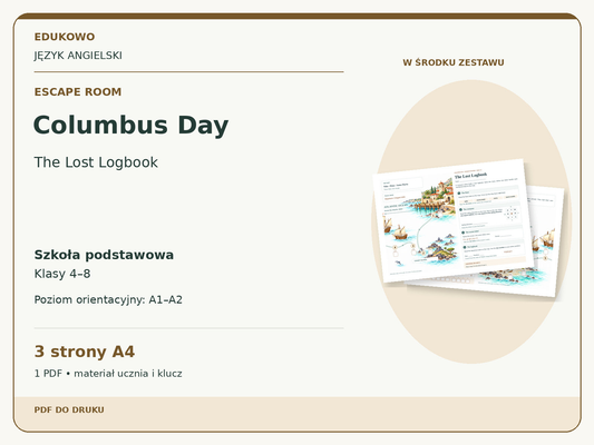 Columbus Day – Escape room. Język angielski. Szkoła podstawowa, klasy 4–8. Poziom orientacyjny A1–A2. 3 strony A4. 1 PDF • materiał ucznia i klucz.