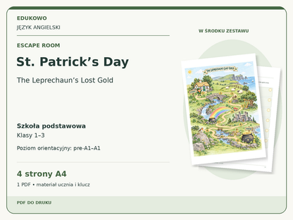 St. Patrick’s Day – Escape room. Język angielski. Szkoła podstawowa, klasy 1–3. Poziom orientacyjny pre-A1–A1. 4 strony A4. 1 PDF • materiał ucznia i klucz.