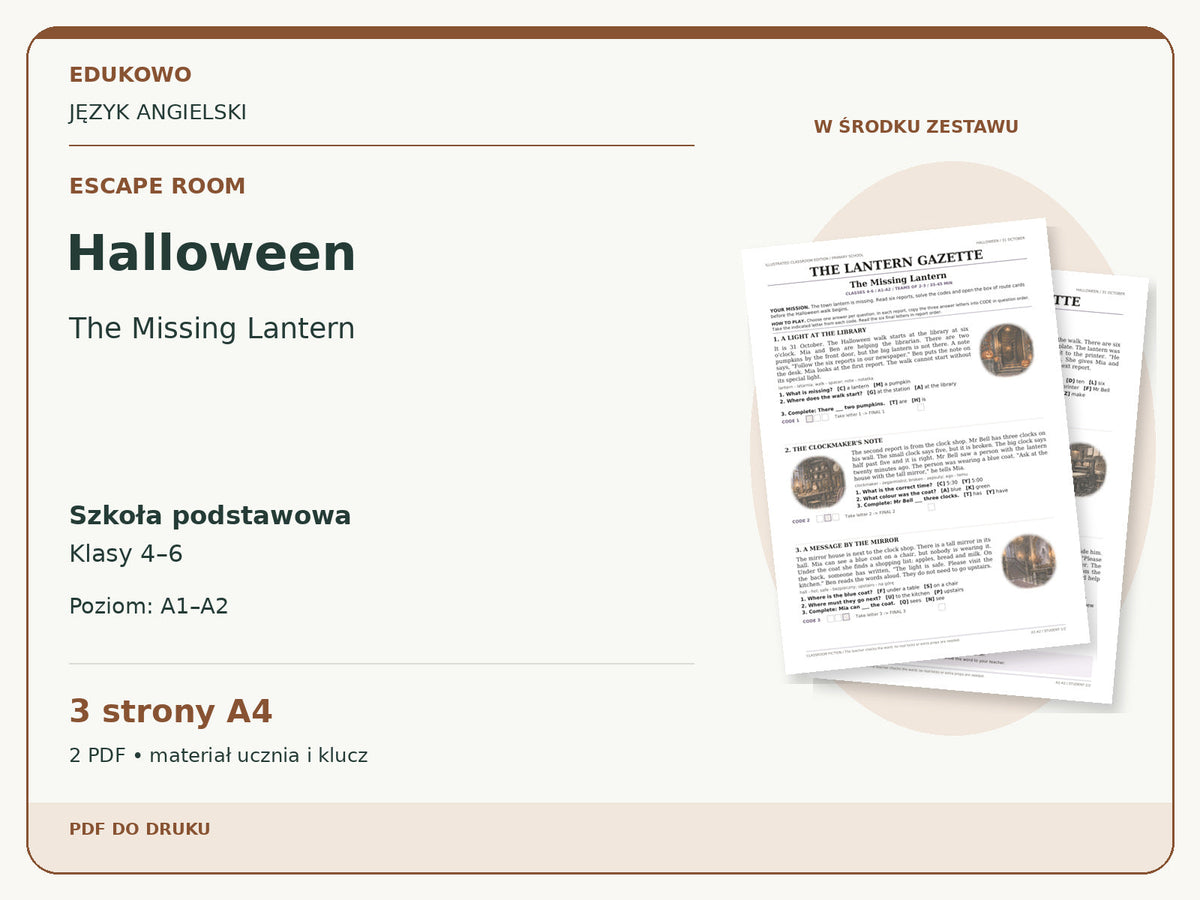 Halloween – Escape room. Język angielski. Szkoła podstawowa, klasy 4–6. Poziom A1–A2. 3 strony A4. 2 PDF • materiał ucznia i klucz.