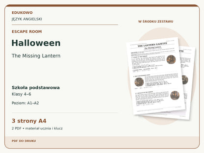 Halloween – Escape room. Język angielski. Szkoła podstawowa, klasy 4–6. Poziom A1–A2. 3 strony A4. 2 PDF • materiał ucznia i klucz.