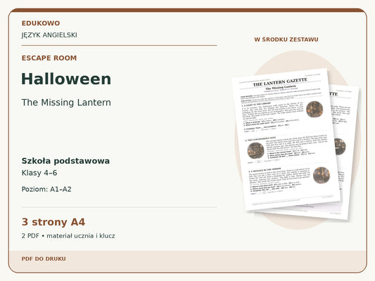 Halloween – Escape room. Język angielski. Szkoła podstawowa, klasy 4–6. Poziom A1–A2. 3 strony A4. 2 PDF • materiał ucznia i klucz.