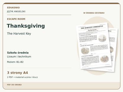 Thanksgiving – Escape room. Język angielski. Szkoła średnia, liceum i technikum. Poziom B1–B2. 3 strony A4. 2 PDF • materiał ucznia i klucz.
