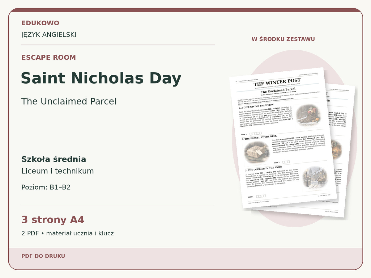 Saint Nicholas Day – Escape room. Język angielski. Szkoła średnia, liceum i technikum. Poziom B1–B2. 3 strony A4. 2 PDF • materiał ucznia i klucz.
