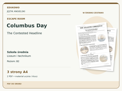Columbus Day – Escape room. Język angielski. Szkoła średnia, liceum i technikum. Poziom B2. 3 strony A4. 2 PDF • materiał ucznia i klucz.