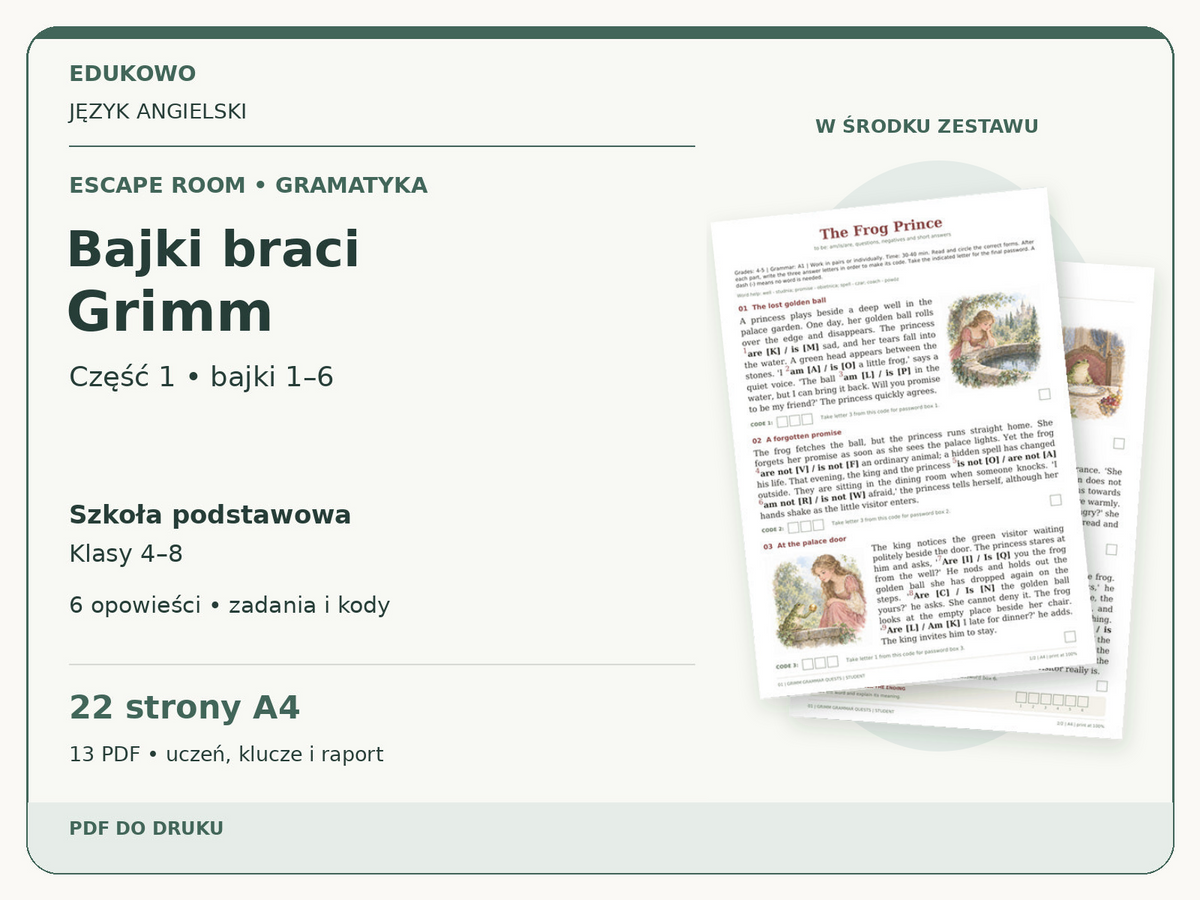 Bajki braci Grimm, część 1 — angielski, klasy 4–8. Powiększony podgląd rzeczywistych kart PDF.