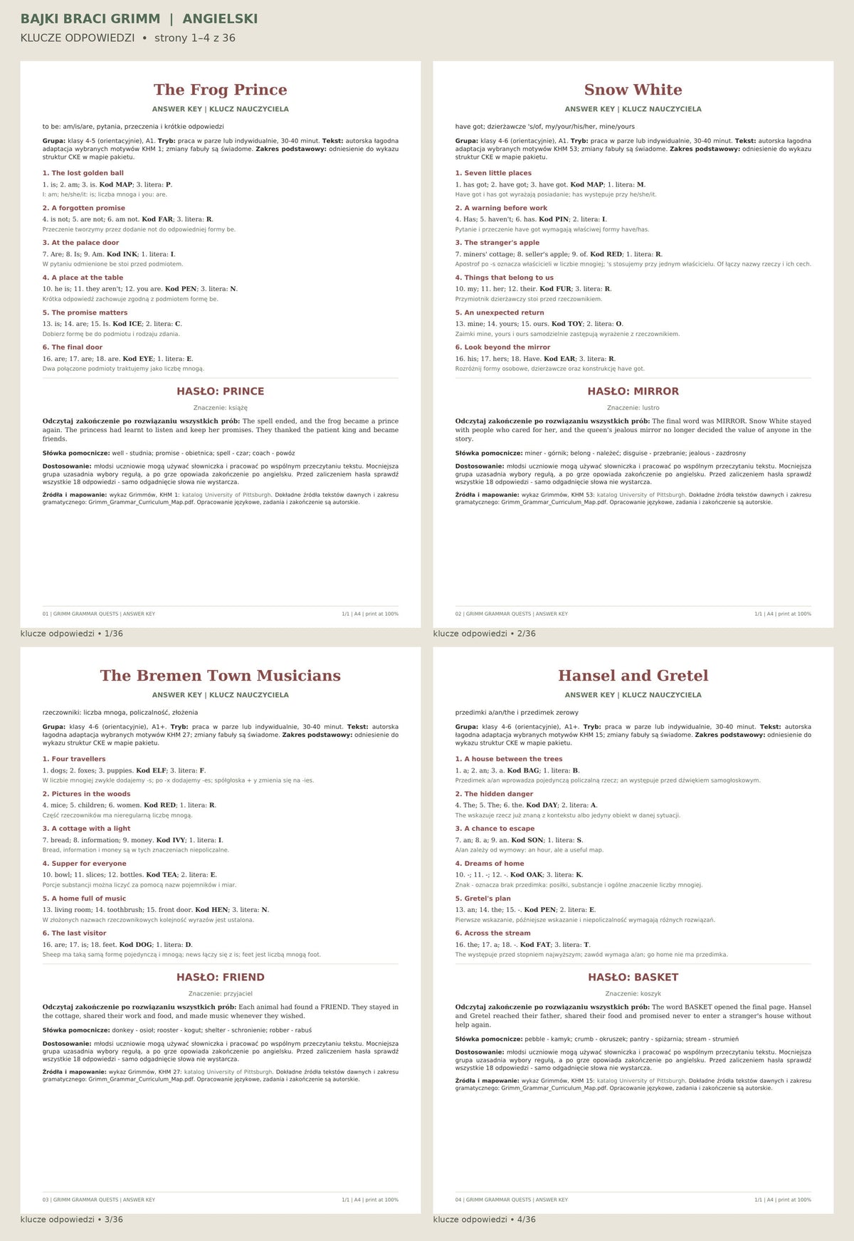 Część 1: Bajki braci Grimm — angielski — klucze odpowiedzi, strony 1–4 z 36.