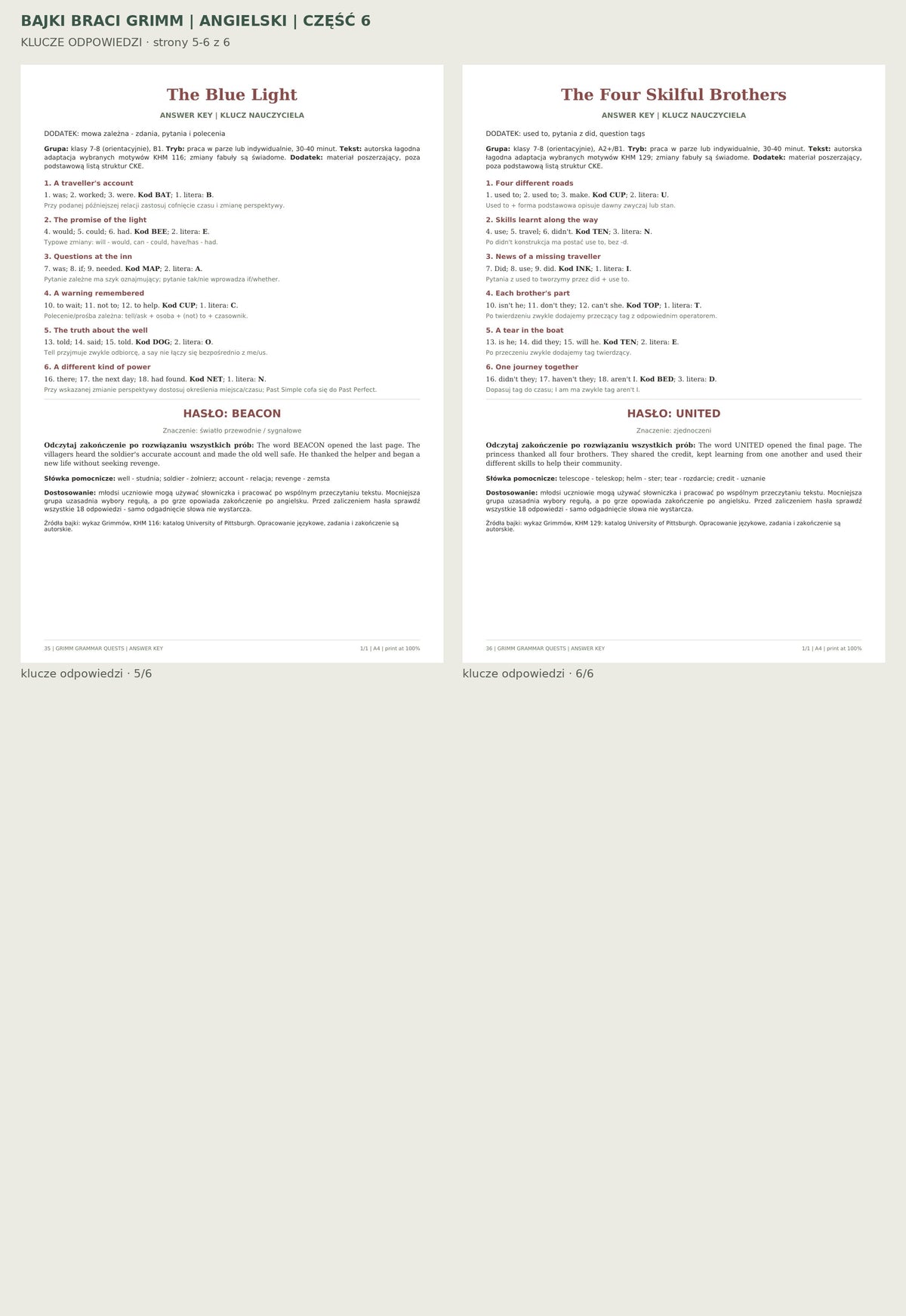Część 6: Bajki braci Grimm — angielski — klucze odpowiedzi, strony 33–36 z 36.