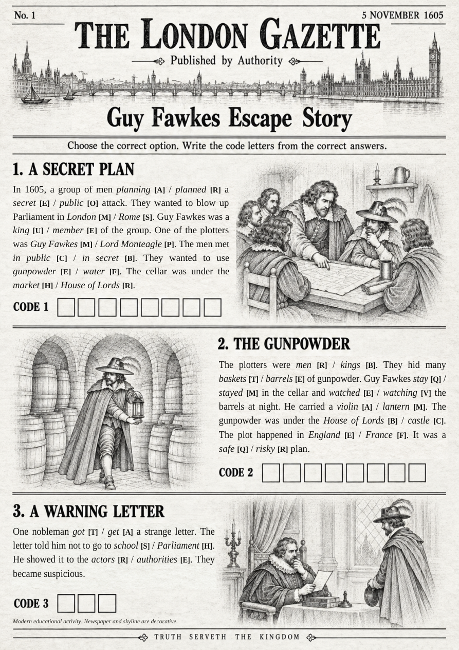 Guy Fawkes Escape Story – pierwsza strona gazetki i zadania 1–3