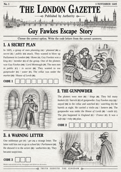 Guy Fawkes Escape Story – pierwsza strona gazetki i zadania 1–3