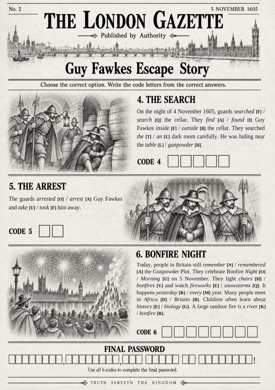 Guy Fawkes Escape Story – druga strona gazetki i zadania 4–6