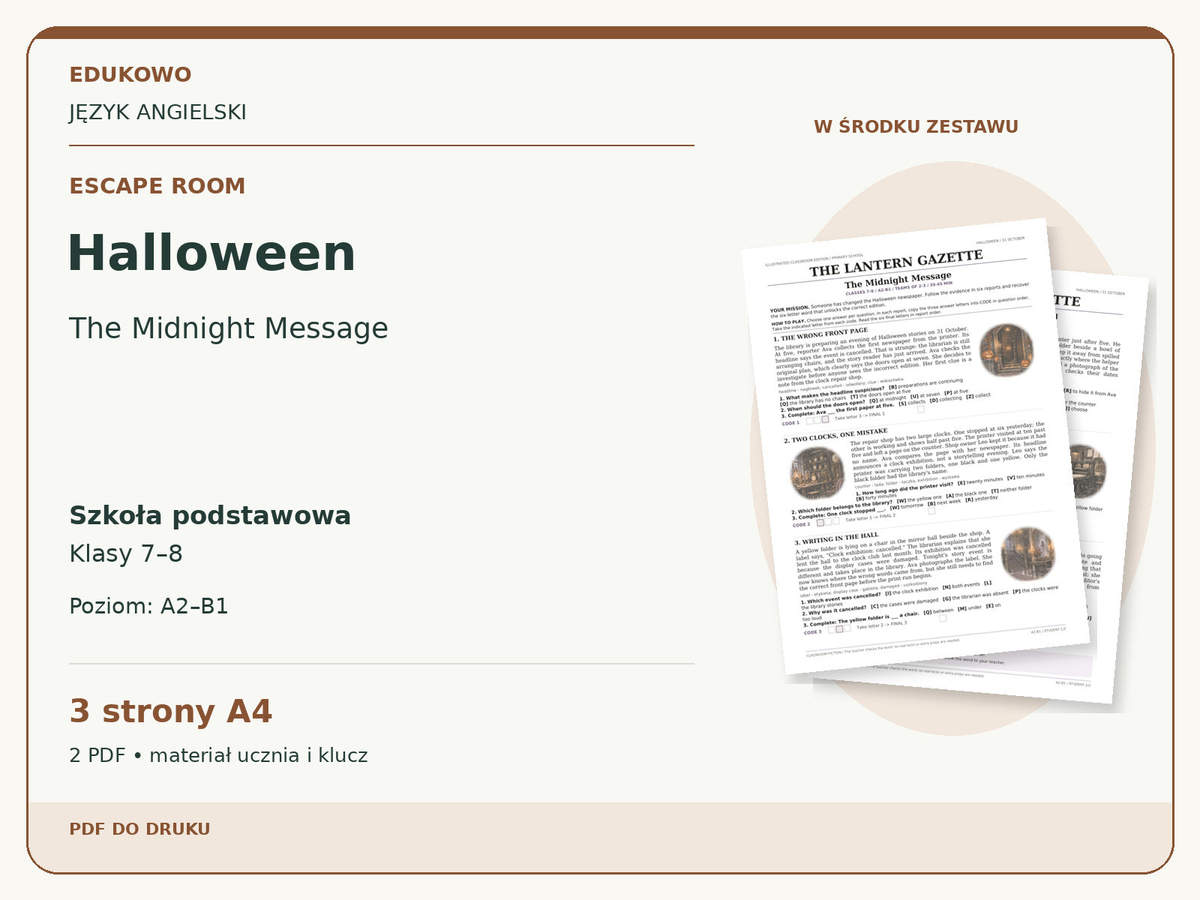 Halloween – Escape room. Język angielski. Szkoła podstawowa, klasy 7–8. Poziom A2–B1. 3 strony A4. 2 PDF • materiał ucznia i klucz.