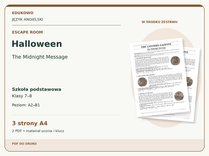 Halloween – Escape room. Język angielski. Szkoła podstawowa, klasy 7–8. Poziom A2–B1. 3 strony A4. 2 PDF • materiał ucznia i klucz.