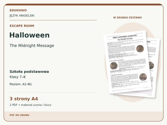 Halloween – Escape room. Język angielski. Szkoła podstawowa, klasy 7–8. Poziom A2–B1. 3 strony A4. 2 PDF • materiał ucznia i klucz.